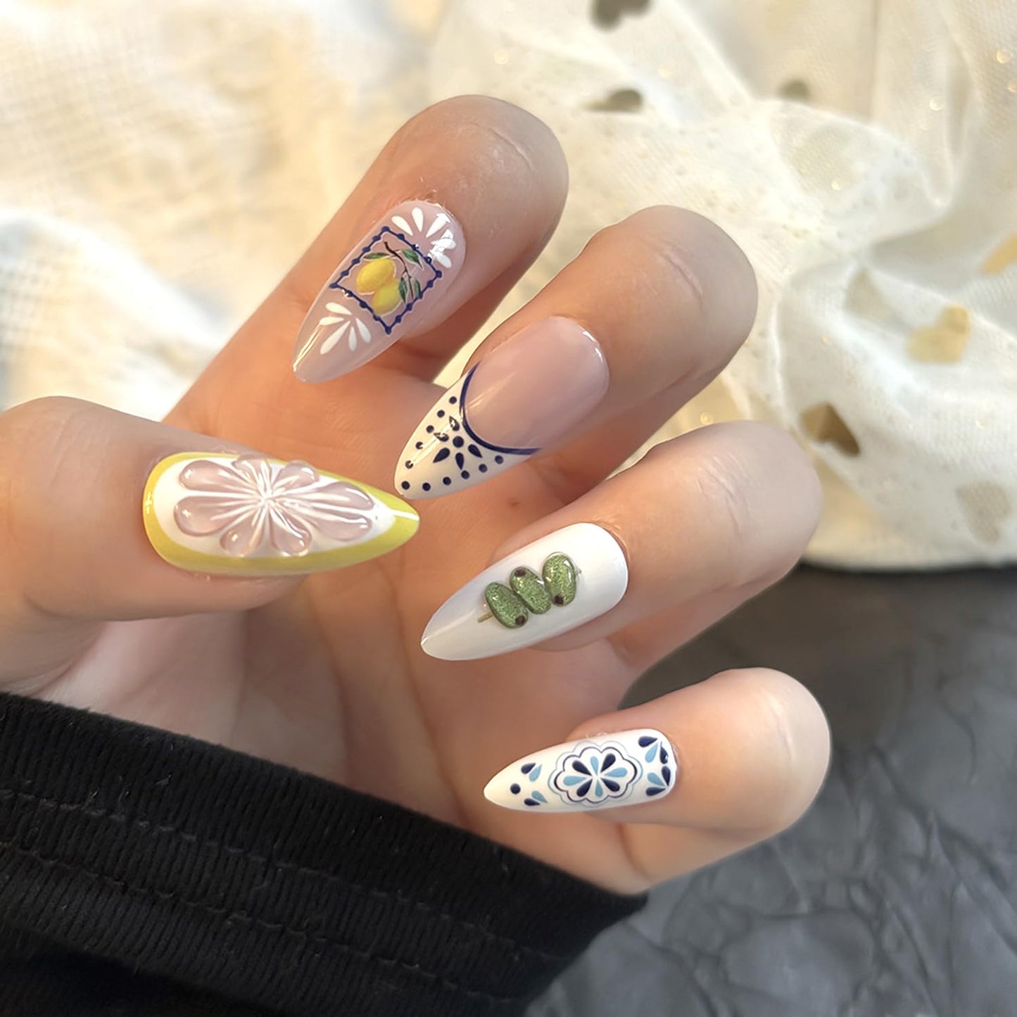 24Pcs Cute Lemon Press on Nails Medium Fake Nails French Almond Manicure, Artificial Acrylic Nails French Tips Stick on Nails Light Nude Fake Fingernail Summer False Nails for Women Nail Decoration