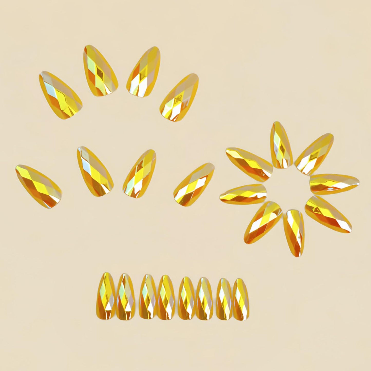 RUOKEXIN Almond Press on Nails Medium Length Fake Nails Gold Chrome False Nails with 3D Rhombus Designs Full Cover Nail Press ons Sparkly Artificial Nails for Women 24Pcs