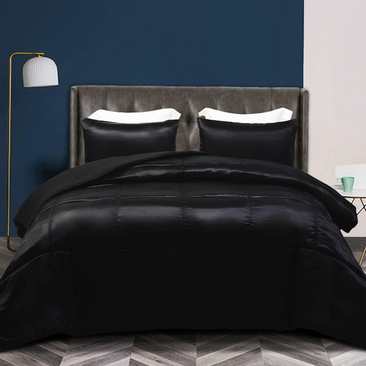 Whale Flotilla 3-Piece Reversible Silky Soft Queen Comforter Bedding Set, Luxurious Satin Comforters Full Size with 2 Satin Pillowcases, Lightweight Duvet for All Seasons, Black