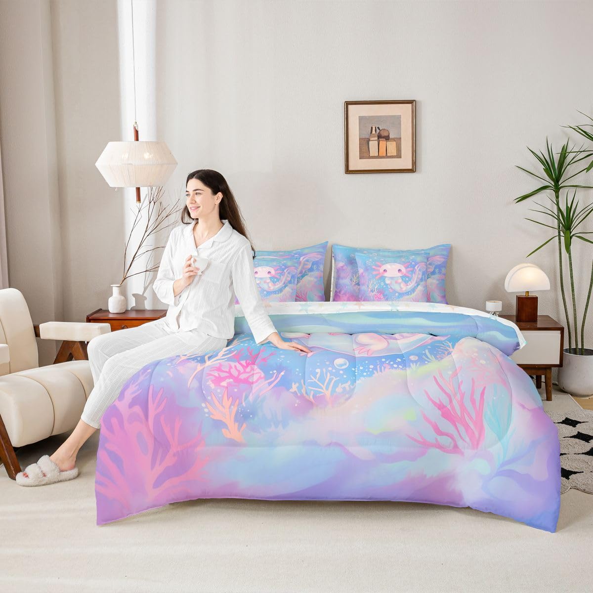Erosebridal Coral Axolotl Ombre Cute Purple Blue Kids 7 Piece Bedding Set Twin | Salamander Cartoon Comforter Set with Sheets Ocean Sealife Kawaii Bed in A Bag Seaweed Bed Sets