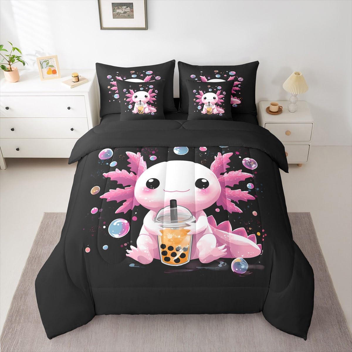 Erosebridal Axolotl 7 Piece Comforter Set Queen | Cute Boba Bed in A Bag Pink Salamander Sheet Set Breathable Lightweight Kawaii Bubble Tea Fitted Sheet Reversible