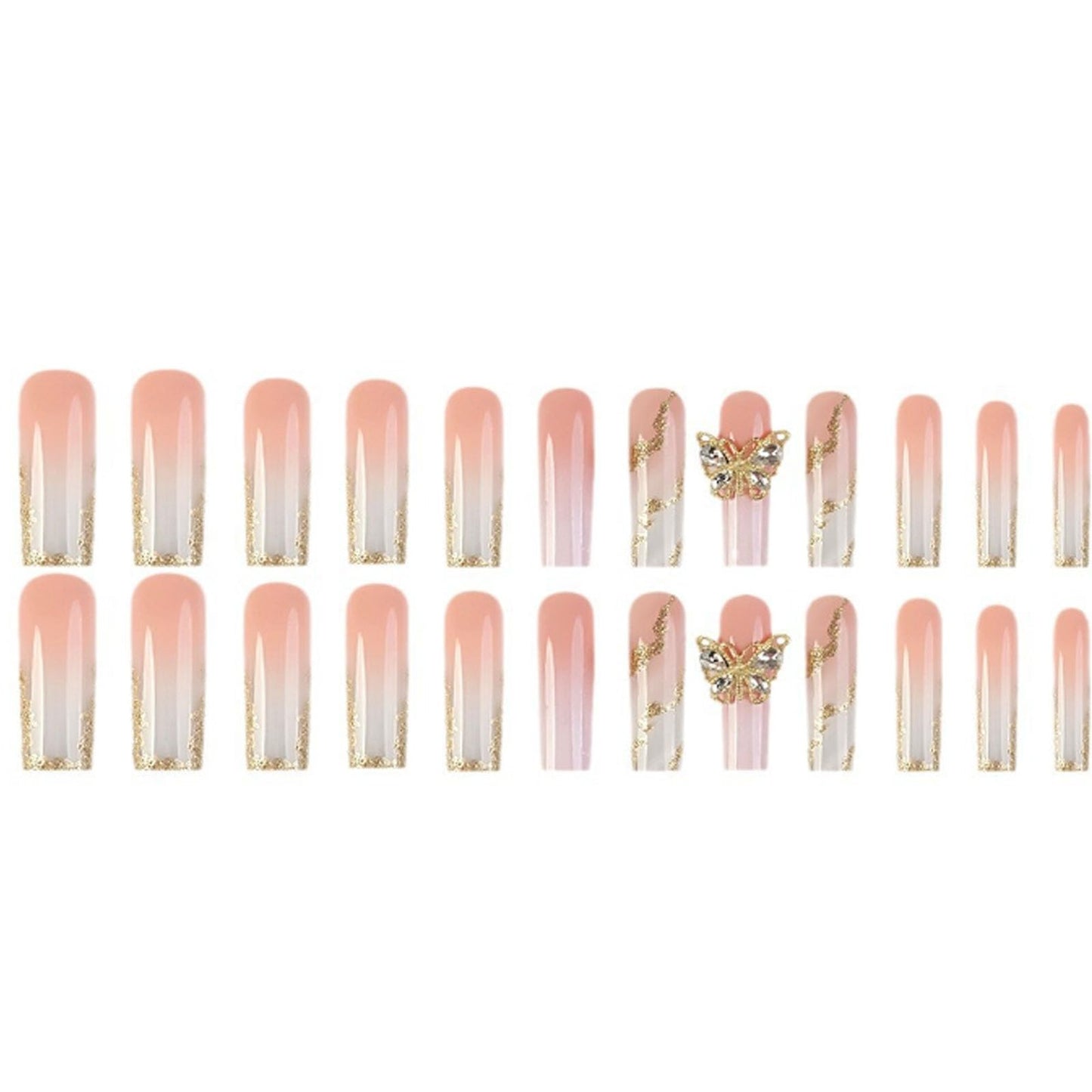 Hkanlre Long Press on Nails Marble Tips Full Cover Butterfly False Nails Square Fake Gold Nails French for Women 24PCS