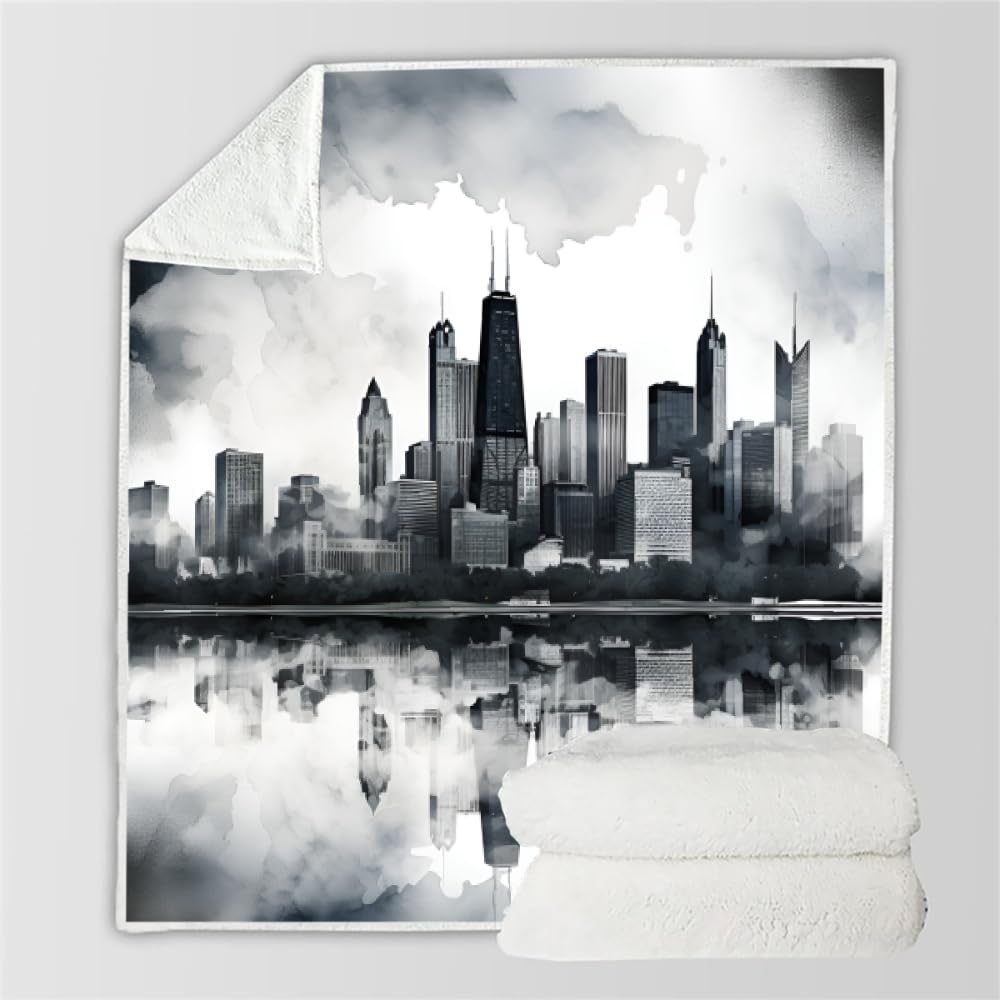 PAOABIU City Skyline Blanket Throw, Metropolis Panorama Throw Blanket for Couch, Modern Breathable Bed Throw, Grey Multicolor Lightweight Fleece Blanket Kids 30"x 40" Camping & Travel Blanket