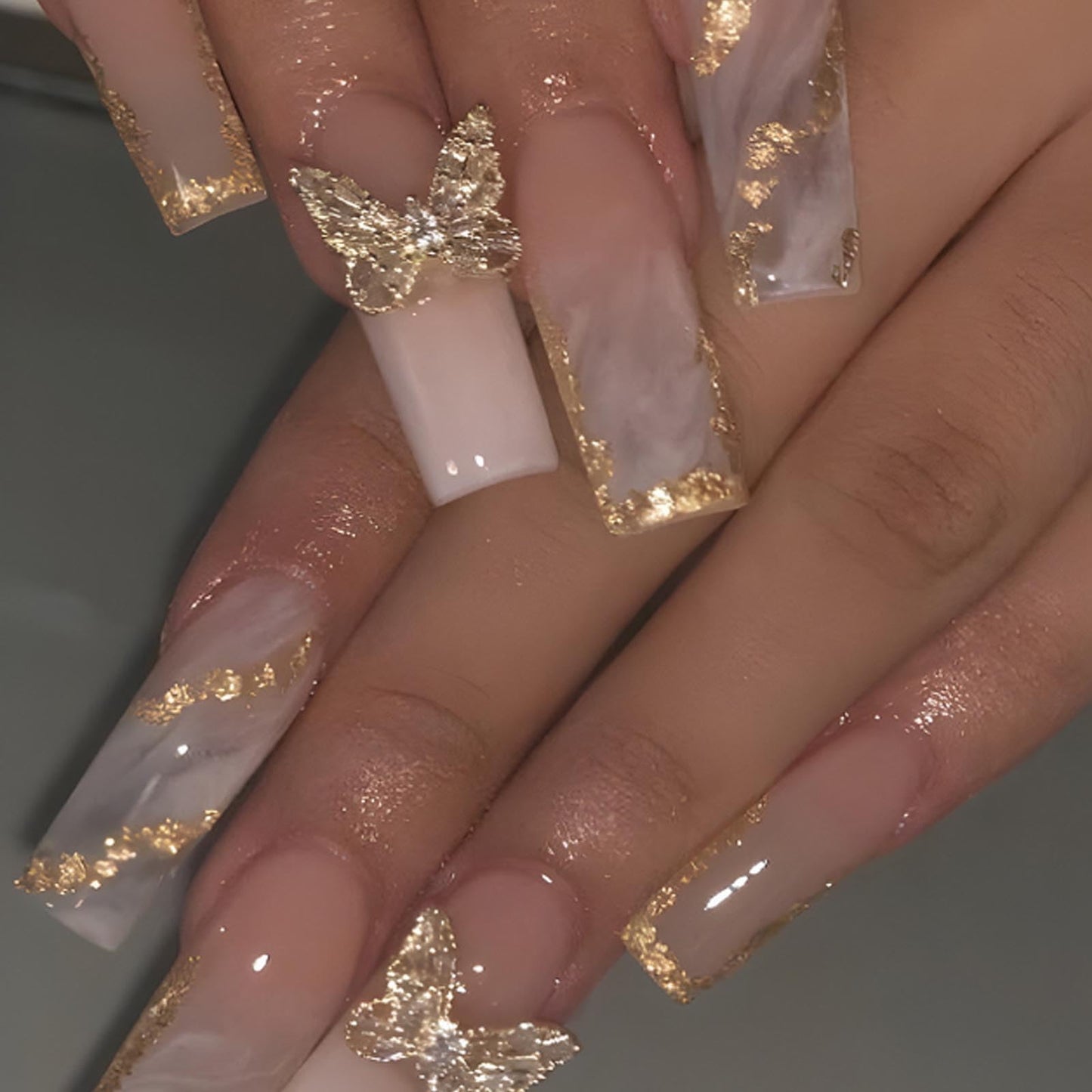 Hkanlre Long Press on Nails Marble Tips Full Cover Butterfly False Nails Square Fake Gold Nails French for Women 24PCS