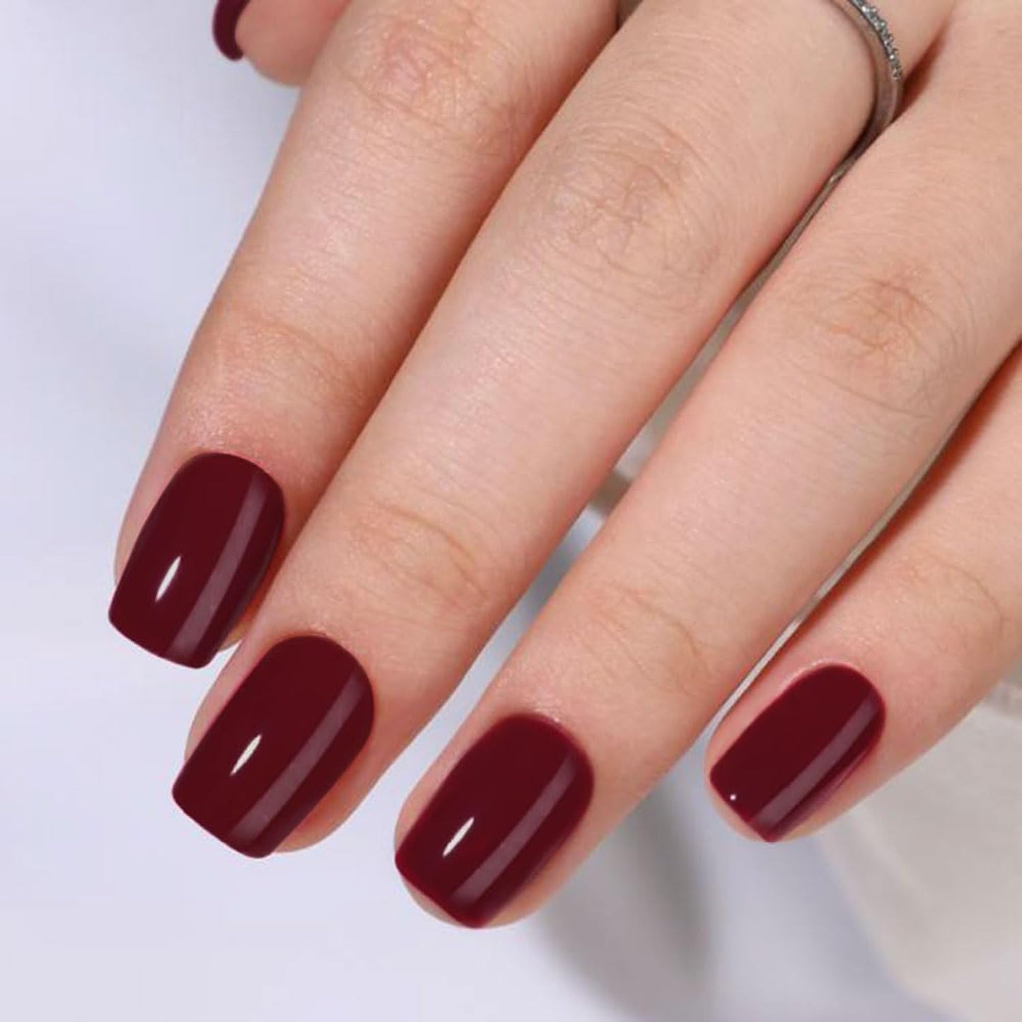 Burgundy Press On Nails Short Square Shape, Glossy Finish Acrylic Fake Nails Kit, Reusable Glue On Nails, Long-Lasting, Natural Stick-On Manicure Set for Women, 24pcs DIY Elegant Nails