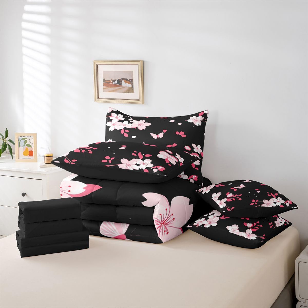 Erosebridal Cherry Blossom 7 Piece Bedding Set Queen Size Butterfly Bed in A Bag Japanese Spring Comforter with Sheets Japanese Style Romantic Theme Pink Bed Sets