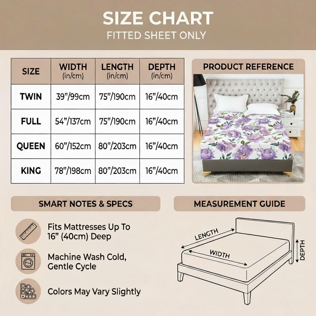 YIYEA Floral Fitted Sheet Only, Premium Double Brushed Microfiber Deep Pocket Fitted Sheet Queen Size, Ultra Soft Fitted Bottom Sheet, Shrinkage, Fade Resistant, Queen