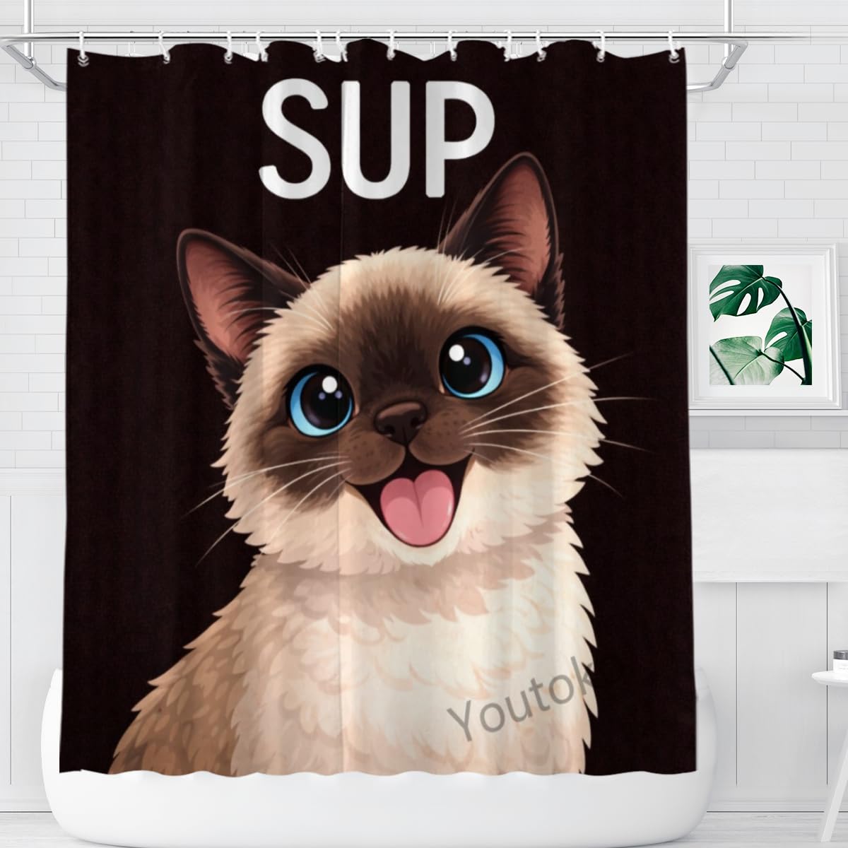 Youtoko Shower Curtain 72x72 Inch with 12 Hooks Funny Animal Quote Bathroom Decor Siamese Cat Puppy Pet Lover Sup Cute Animal Bath Curtain Black Background