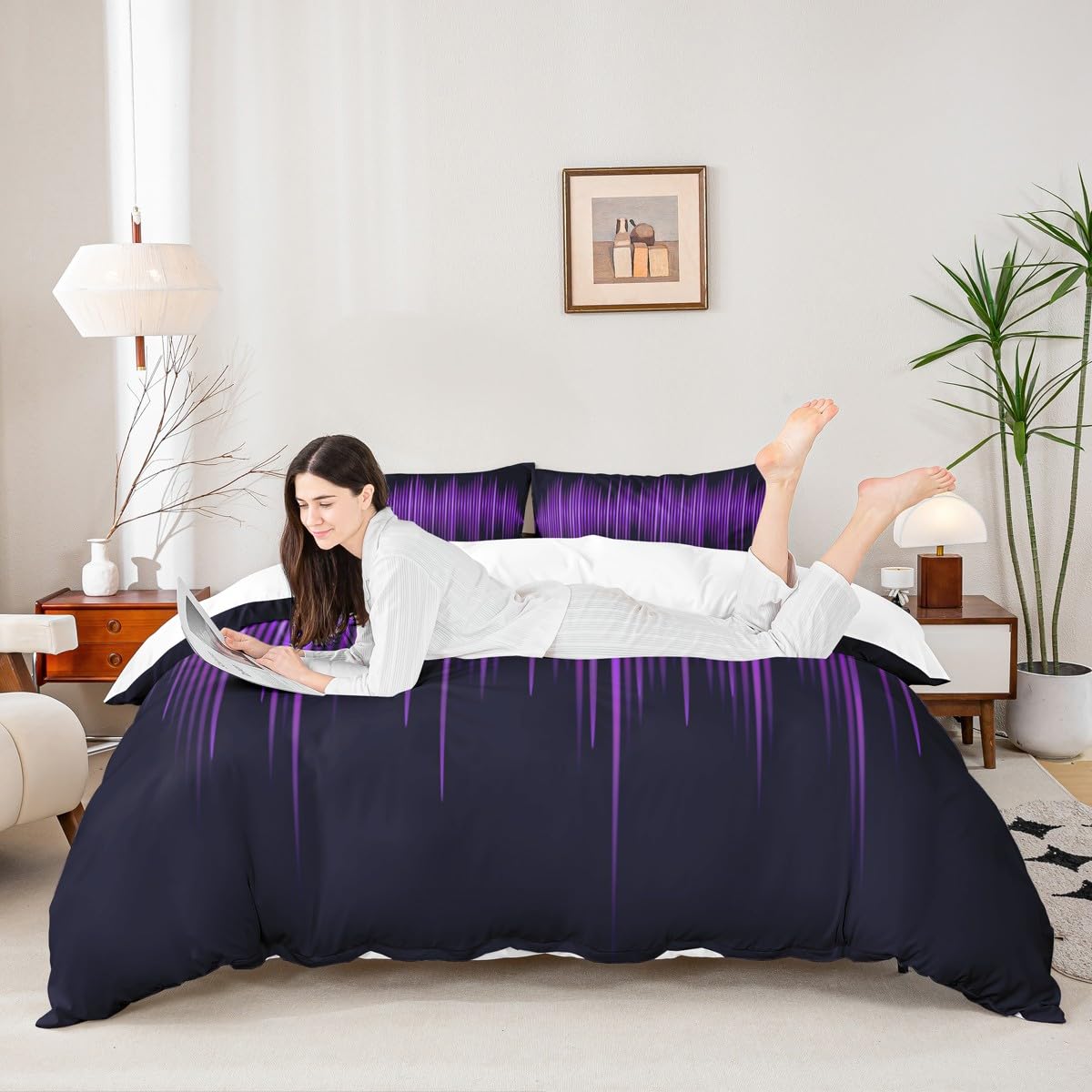 Geometric Abstract Stripes Kids Duvet Cover Set King Size,Purple Gradient Lines Bedding Set,Boys Girls Adults Bedroom Decor,Modern Stylish Comforter Cover,Black Simple Quilt Cover,3pcs,2 Pillowcases