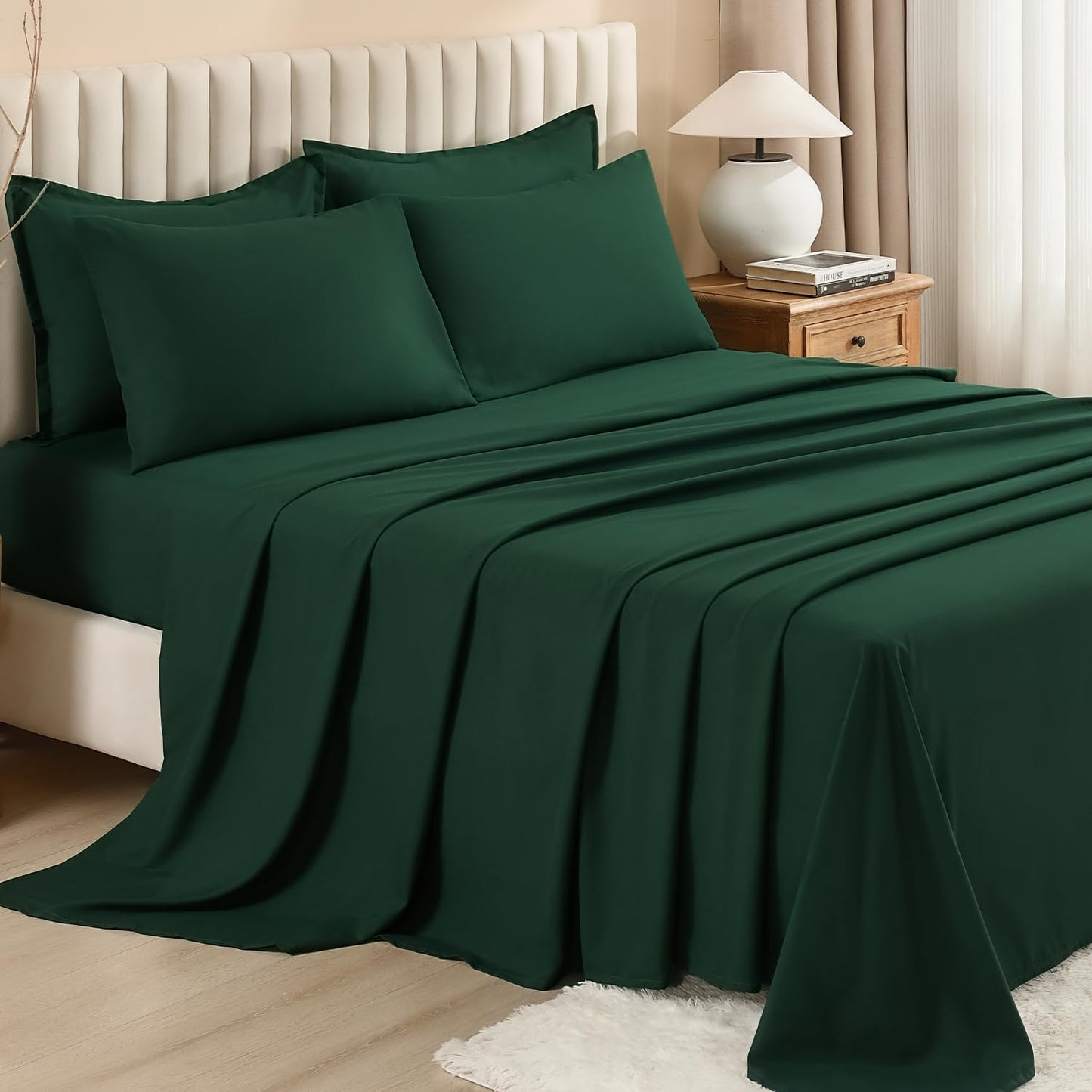 Litanika Queen Comforter Set Dark Emerald Green - 7 Pieces Bed in a Bag Queen Bedding Comforter Sets, Solid Lightweight Bed Set with Comforter, Sheets, Pillowcases & Shams