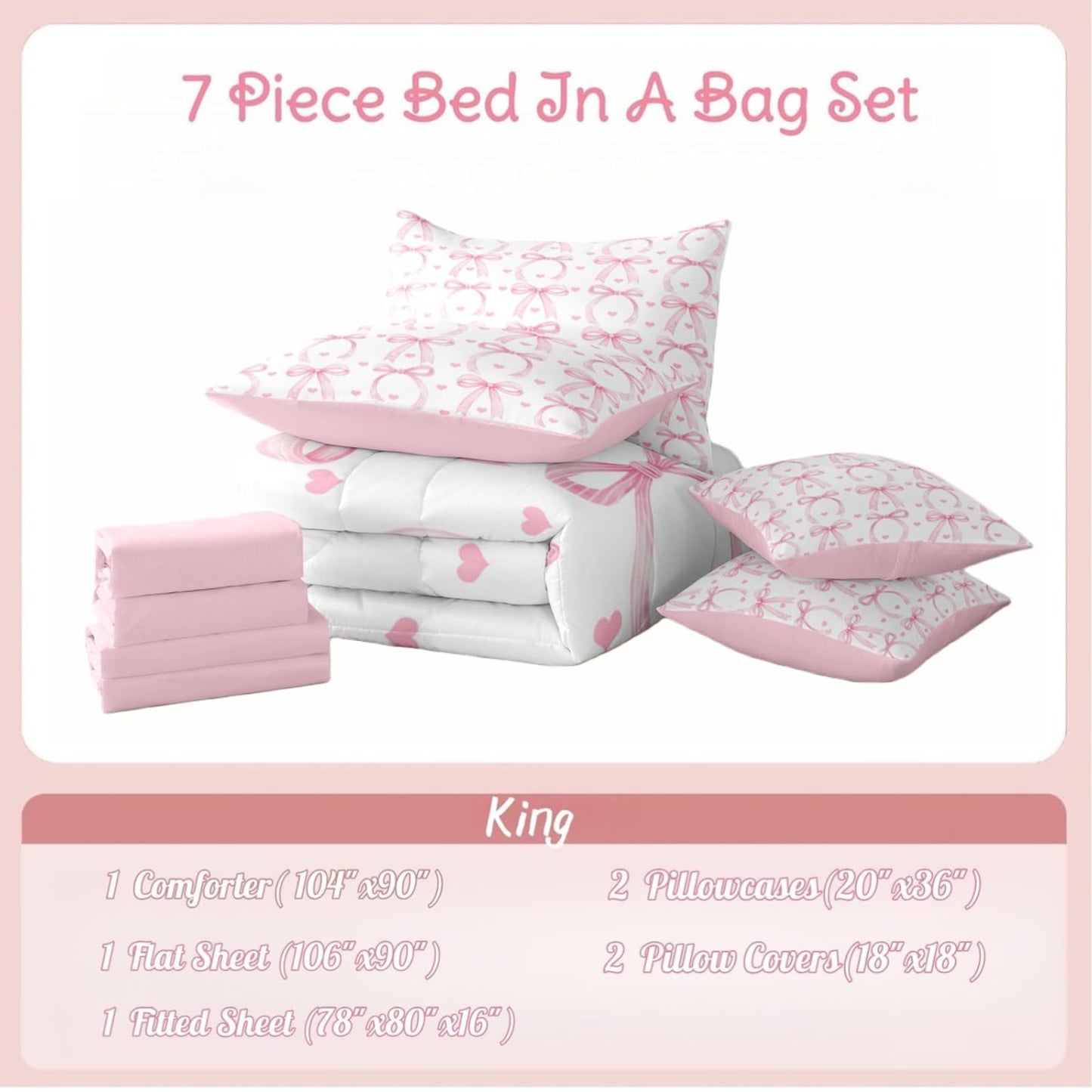 Erosebridal Ribbon Bowknot 7 Piece Comforter Set King Bed in A Bag Girls Love Heart Pink Bows Bedding Set for Women Room Decor Coquette Bow Sheets Valentine Stripe Pink Bows Bowtie Bed Comforter Sets