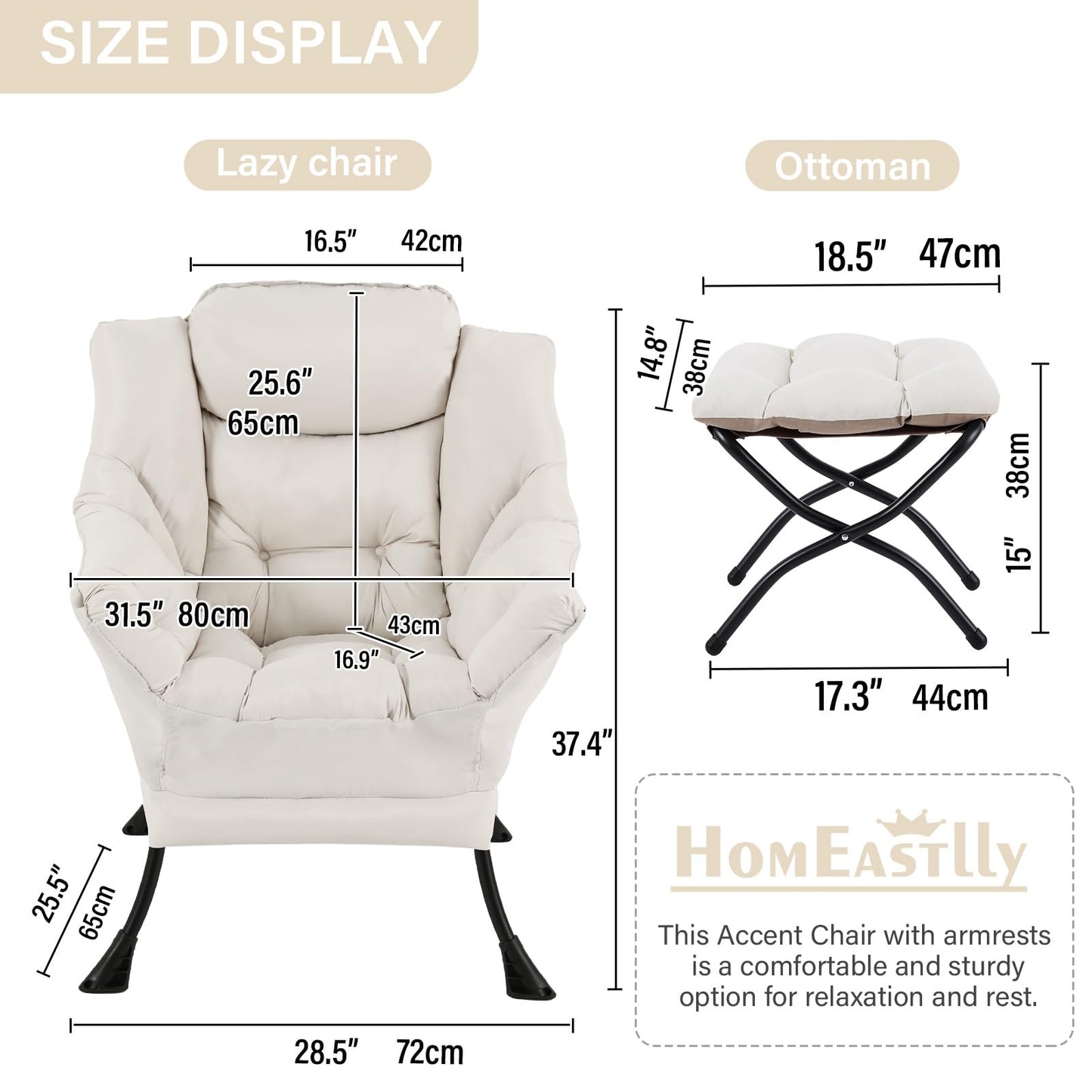 HomEastlly Lazy Chair with Ottoman, Large Beige Accent Chair with Ottoman, Comfy Reading Armchair, Leisure Sofa Chair for Living Room, Bedroom, Dorm Room, Office