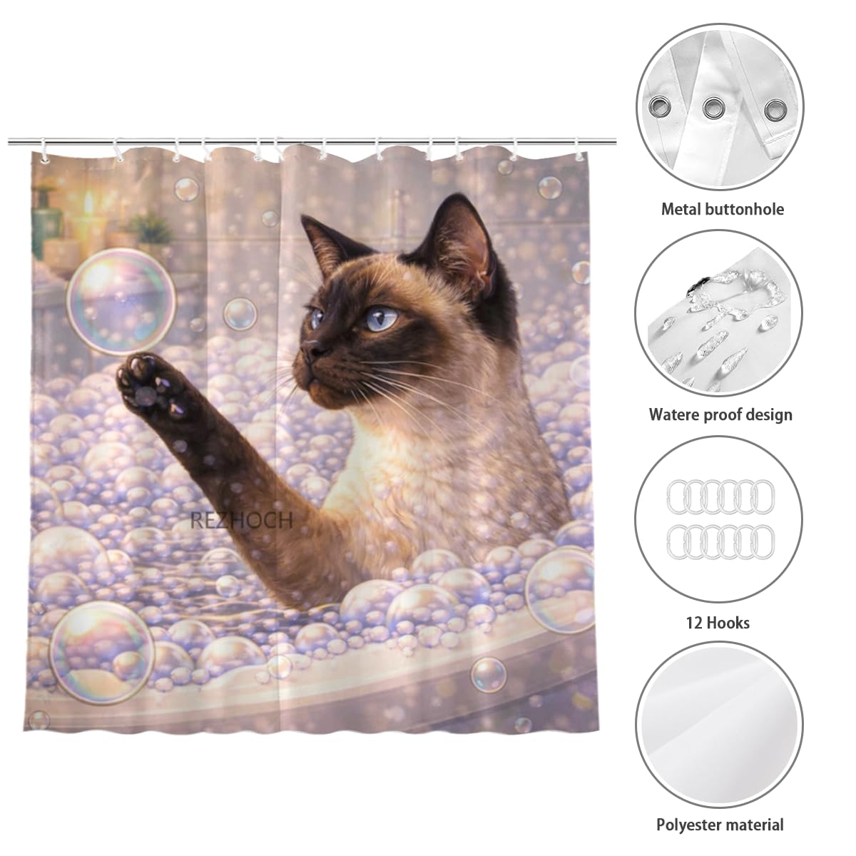 REZHOCH Funny Siamese Cat Shower Curtain 72x72 Inch,Cute Animal Bubble Bathroom Decor,Lovely Bathtub Waterproof Fabric Modern Art Humor Farmhouse Home Bath Set with 12 Hooks