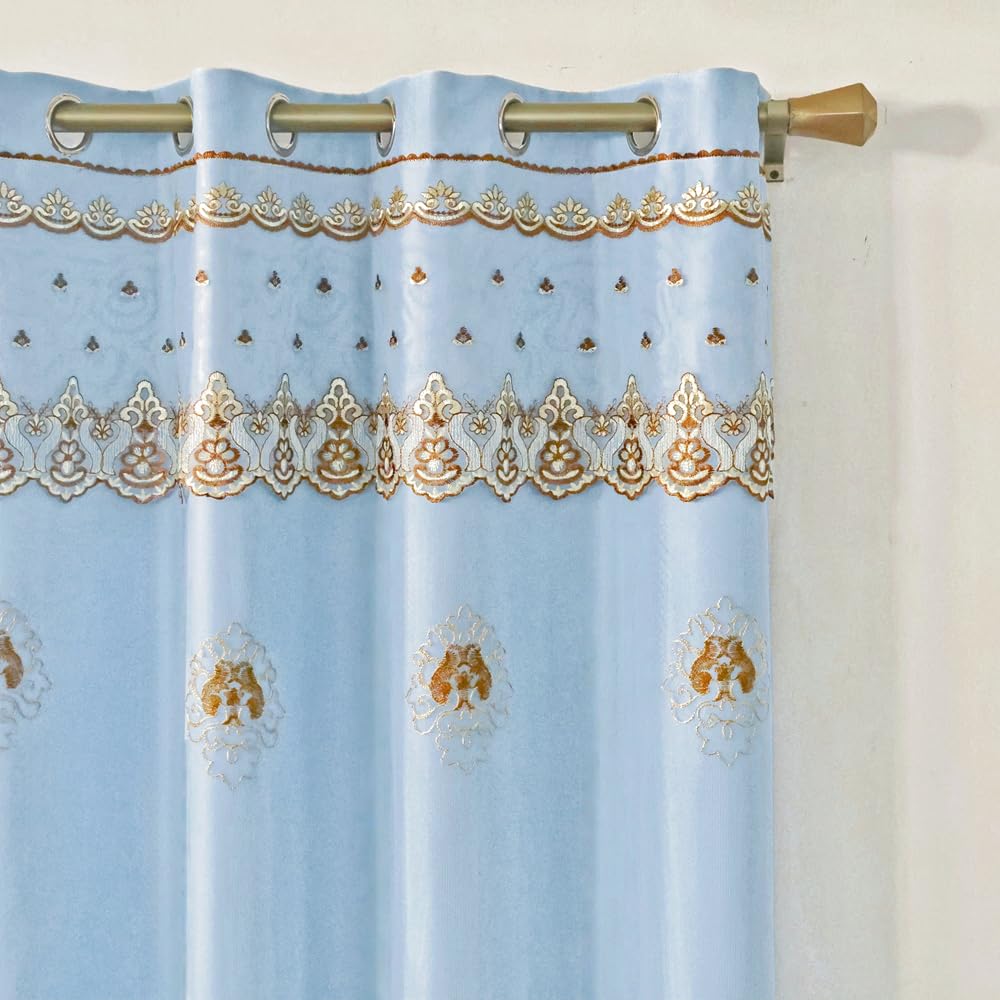 Amidoudou 1 Pair European Double Layer Curtains with Sheer Curtains for Living Room Bedroom Luxury Embroidered Blackout Curtains (Blue,52x84 Inch)