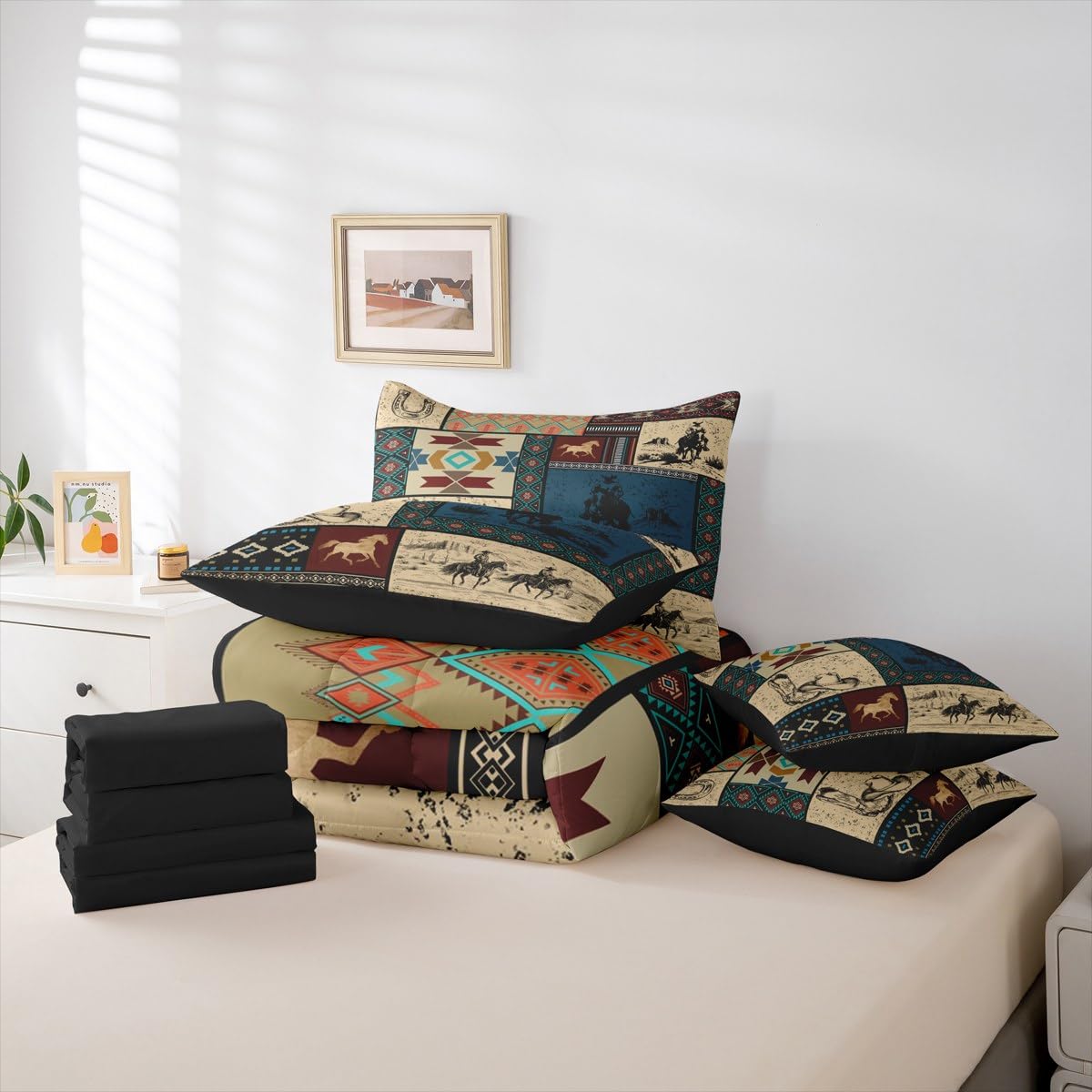 Erosebridal 7 Pieces Western Cowboy Bedding Set Full Size | Cowgirl Patchwork Southwestern Comforter Set for Kids Teens Adults Country Farmhouse Bed in A Bag Horse Rustic Cabin Bedding Collections