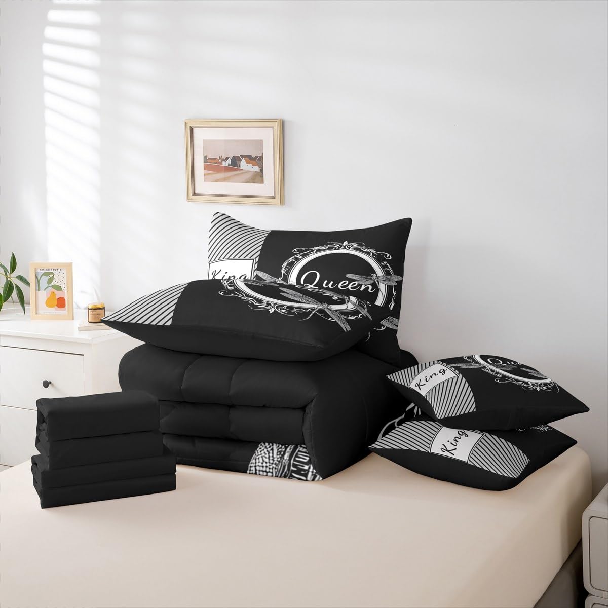 Dragonfly Bed in a Bag Queen Comforter Set 7 Piece,King and Queen Bedding Sets Couples Gifts for Men Women Black and White Comforter and Sheet Set, Aesthetic Animal Bed Sets,Valentines Day Decorations