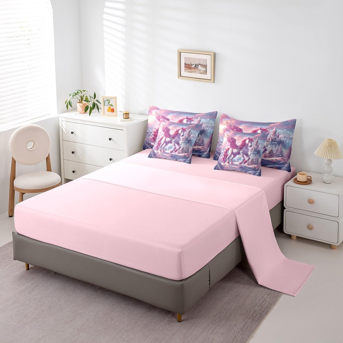 Erosebridal Pink Cartoon Unicorn Bedding Set 7Pcs,Dreamy Castle Comforter Set King for Kids Girls,Kawaii White Horse Quilt,Snow Mountain Tree Botanical Bed in a Bag