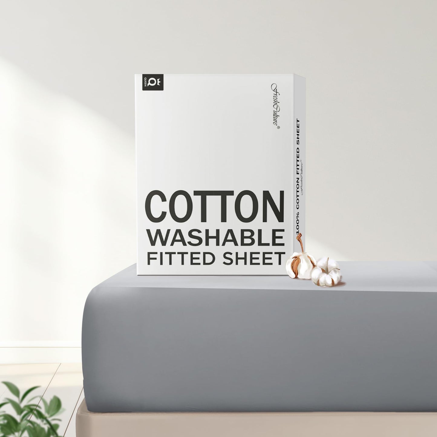 FreshCulture Pure Cotton Fitted Sheets Queen Size, 300 Thread Count Percale Sheets for Queen Size Bed, Soft & Breathable Cotton Sheets, Luxury Size Fitted Sheet Only (Light Grey)