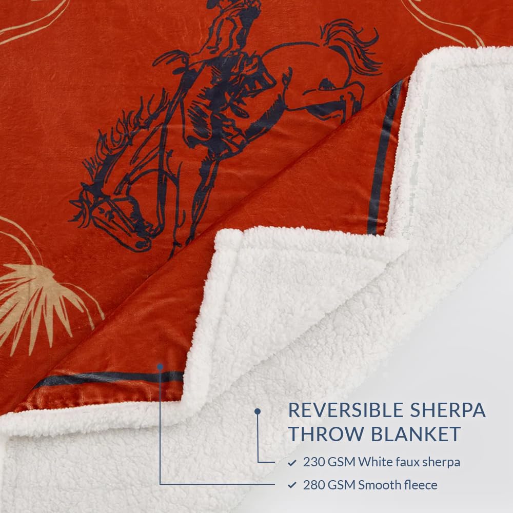 Indigo Hill by HiEnd Accents Marfa 3 Piece Sherpa Western Throw Blanket Set, Cowboy Horseshoe Arrow Print, Western Blanket with Bucking Bronco Print Pillows, Southwestern Style, 1 Throw and 2 Pillows