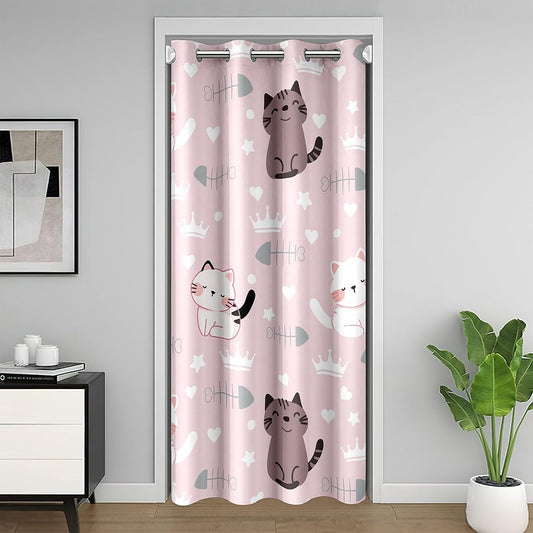 jejeloiu Cartoon Cat Closet Door Cover Curtain for Living Room 52x84 Inch 1 Panel Cute Kitten Door Curtain for Doorway Privacy for Kids Boys Girls Cats Print 30%-50% Room Darkening Blackout Curtain