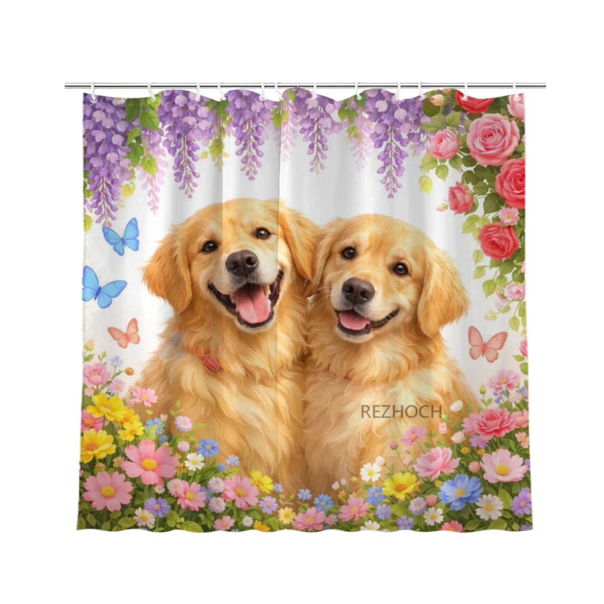 REZHOCH Fun Golden Retriever Shower Curtain 72x72 Inch,Floral Dog Bathroom Decor Spring Summer Garden Flowers Wisteria Rose Butterfly,Cute Animal Waterproof Fabric Bath Set with Hooks