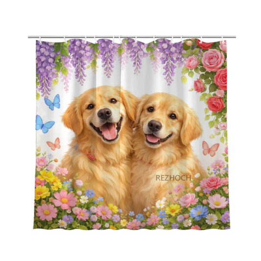 REZHOCH Fun Golden Retriever Shower Curtain 72x72 Inch,Floral Dog Bathroom Decor Spring Summer Garden Flowers Wisteria Rose Butterfly,Cute Animal Waterproof Fabric Bath Set with Hooks