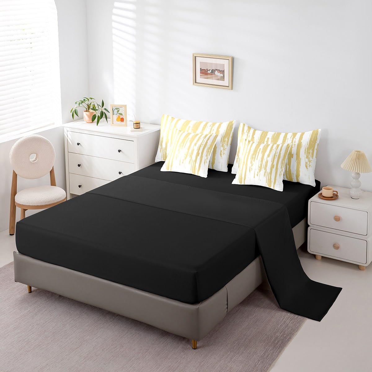 Erosebridal 7Pcs Yellow Striped Comforter Set Twin for Women Men,Modern Geometric Abstract Bedding with Bed Sheets,Gradient Art Aesthetic Bed in A Bag,Boho Graffiti Quilt Set with Pillowcases