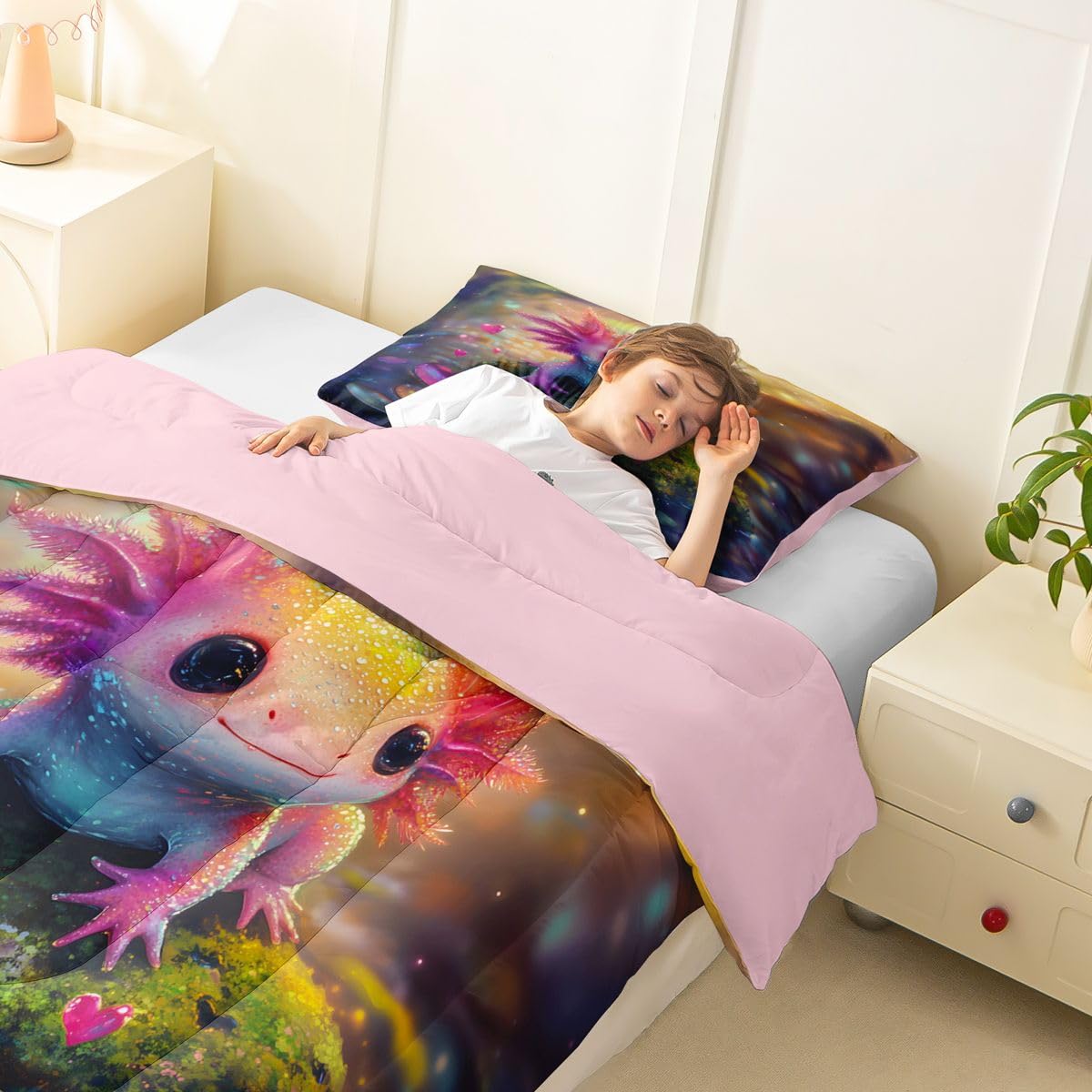 Manfei 3D Axolotl Kids Comforter Toddler Size,Cute Salamander Starry Sky Galaxy Quilt Set for Kids Boys Girls Bedroom Decor,Fantasy Art Style Bedding Set,Purple Green Duvet Insert,1 Pillowcase