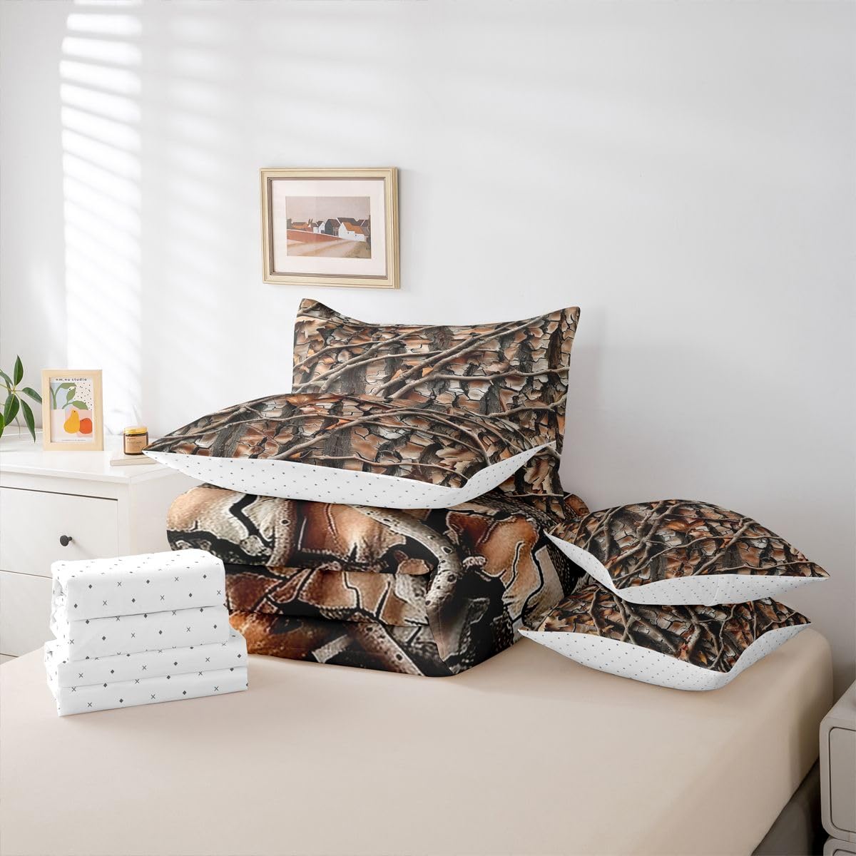 Feelyou Tree Branches Queen Comforter Set with Sheets for Kids Boys Girls Tree Leaf 7 Pieces Bedding Set Botanical Bed in a Bag Nature Theme Room Decor Soft Microfiber