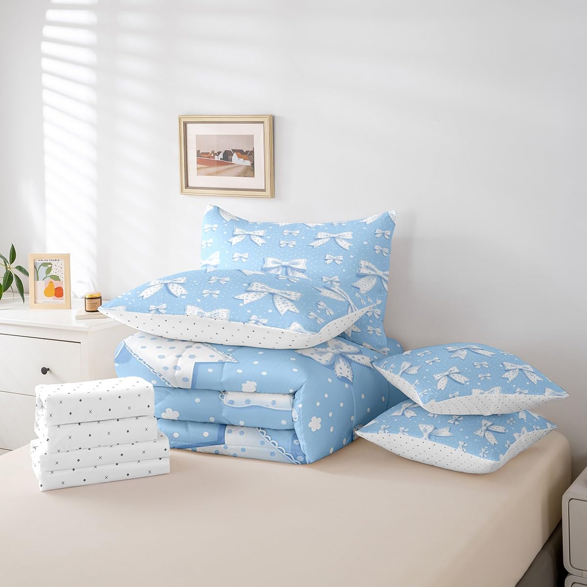 Erosebridal Cute Bowknot Bedding Set Twin Size 7 Piece Bed in a Bag, Simple Polka Dots Bed Set, Cartoon Bows Printed Kids Adults Room Decor Bedding Bed Sets, Blue White Kawaii Bed Sheets Set