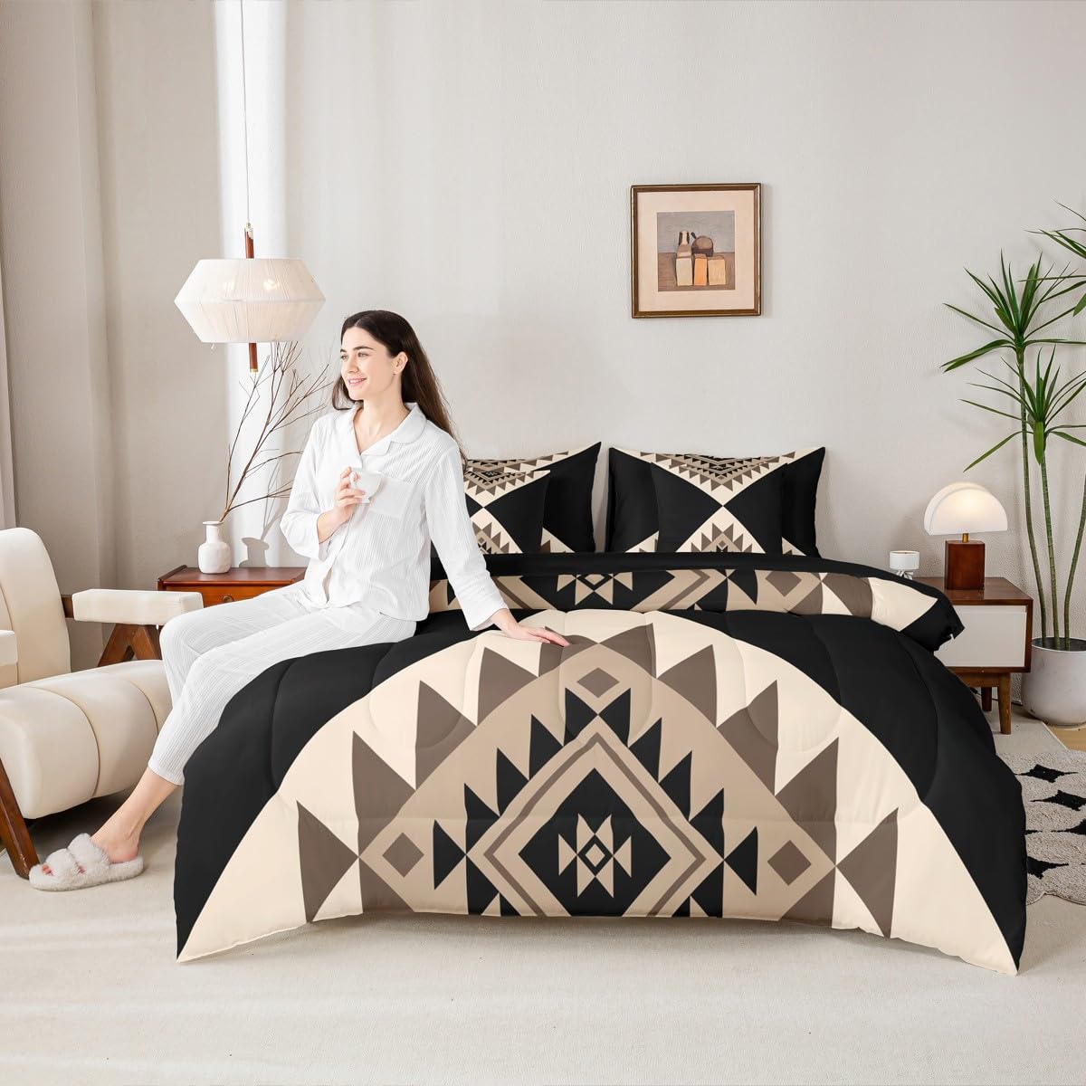 Erosebridal Black Beige Abstract King 7-Piece Bedding Set for Adult Women Men Modern Boho Western Aztec Comforter Set Geometric Stripes Bed in a Bag Stylish Art Southwestern Bed Collections