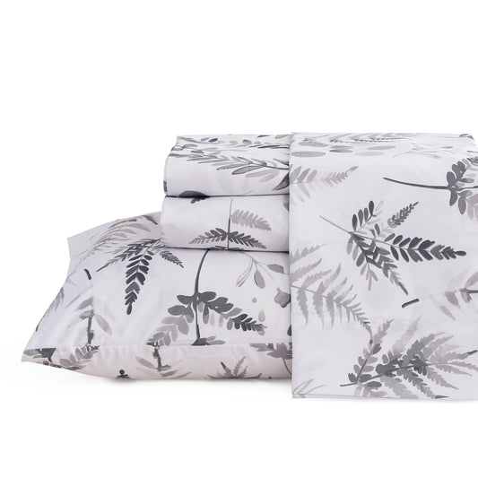 JSD Boho Floral Sheet Set Queen Size, 4 Piece Grey Herbs Ferns Printed Microfiber Bed Sheets Deep Pocket