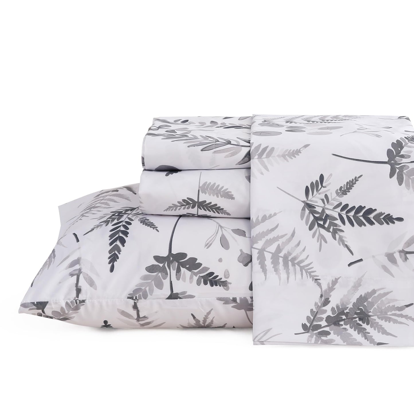 JSD Boho Floral Sheet Set Full Size, 4 Piece Grey Herbs Ferns Printed Microfiber Bed Sheets Deep Pocket