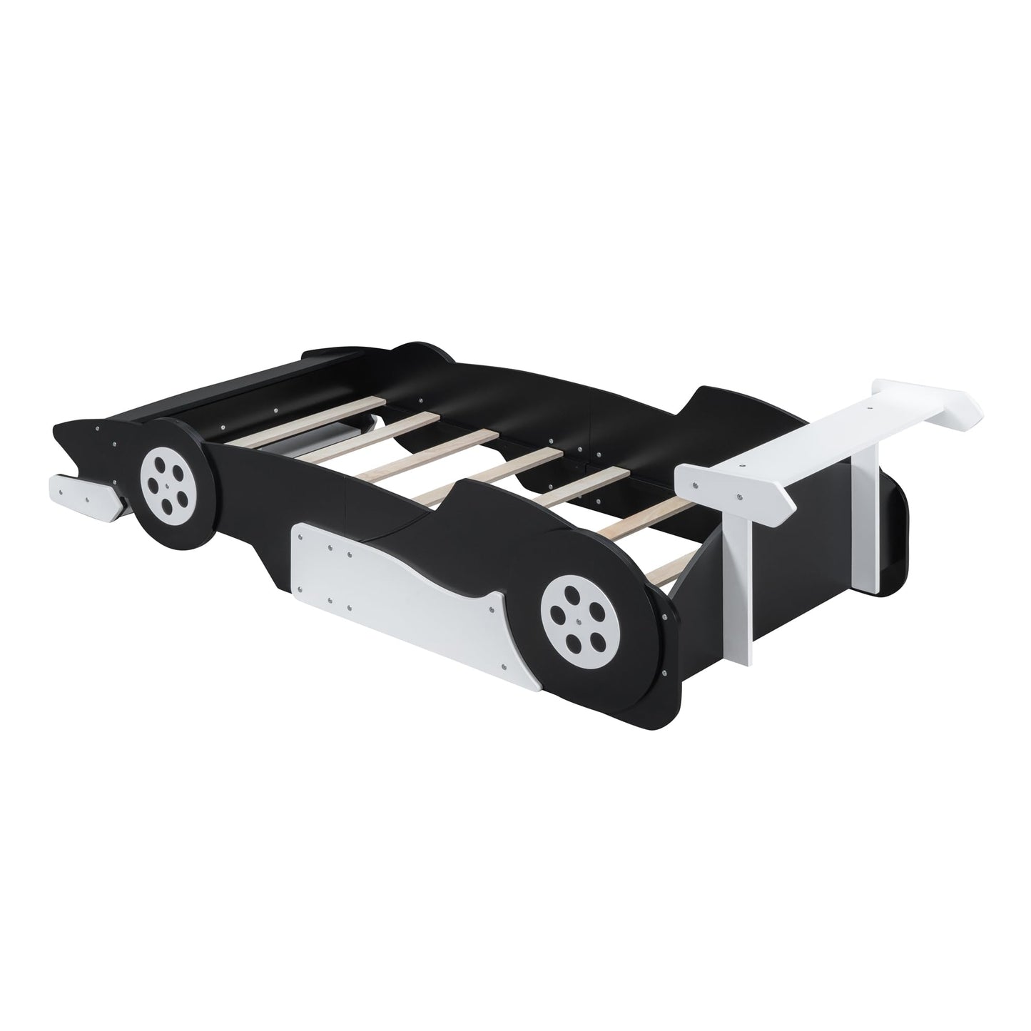 Merax Race Car Bed Frame Twin Size for Boys, Wood Car-Shaped Platform Bed with Wheels, Black