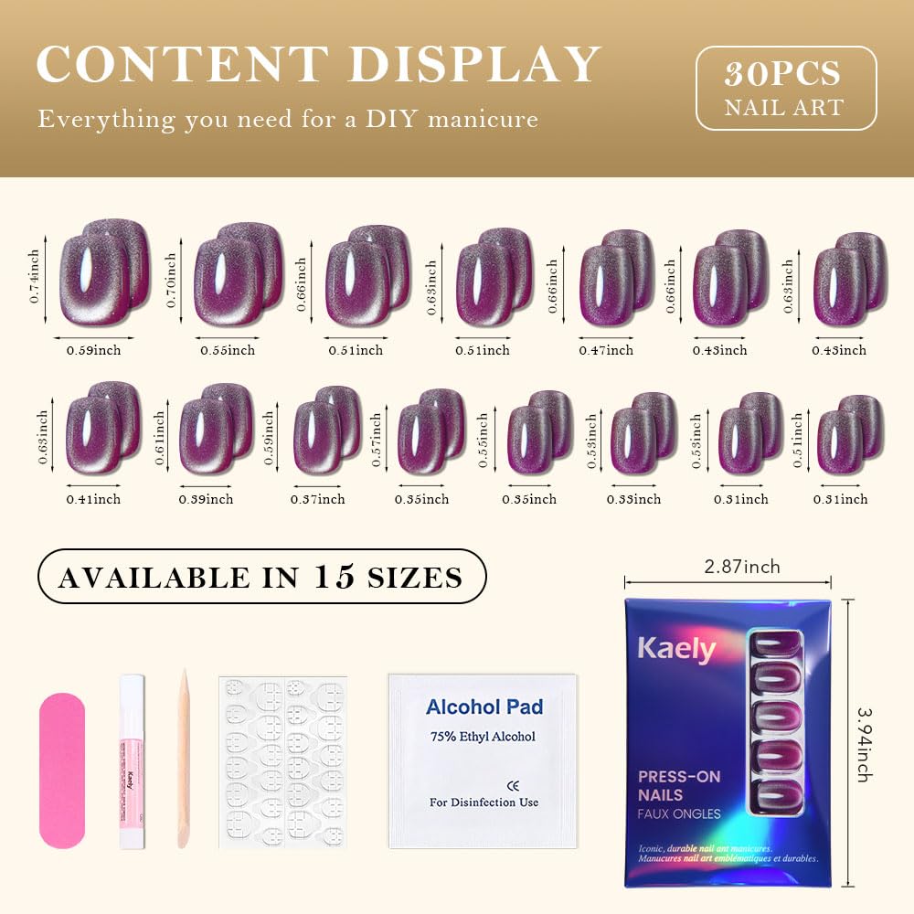 evpct Light Purple Cat Eye Extra Short Press on Nails Square, Petite Short Square Stick on Nails for Women Gift, Magenta Purple Holographic Glitter Glossy Reusable Gel Press on Acrylic Fake Nail