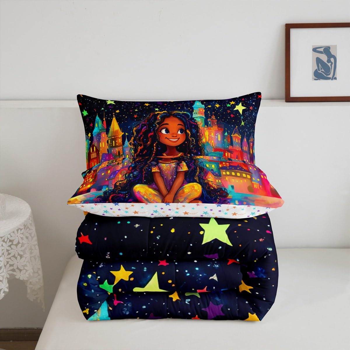 jejeloiu Kids Cute Black Girl Comforter Set Queen Size Castle Star Print Bedding Set for Boys Girls African American Girl Duvet Set Quilt Set,1 Comforter+ 2 Pillow Shams（No Glitter）
