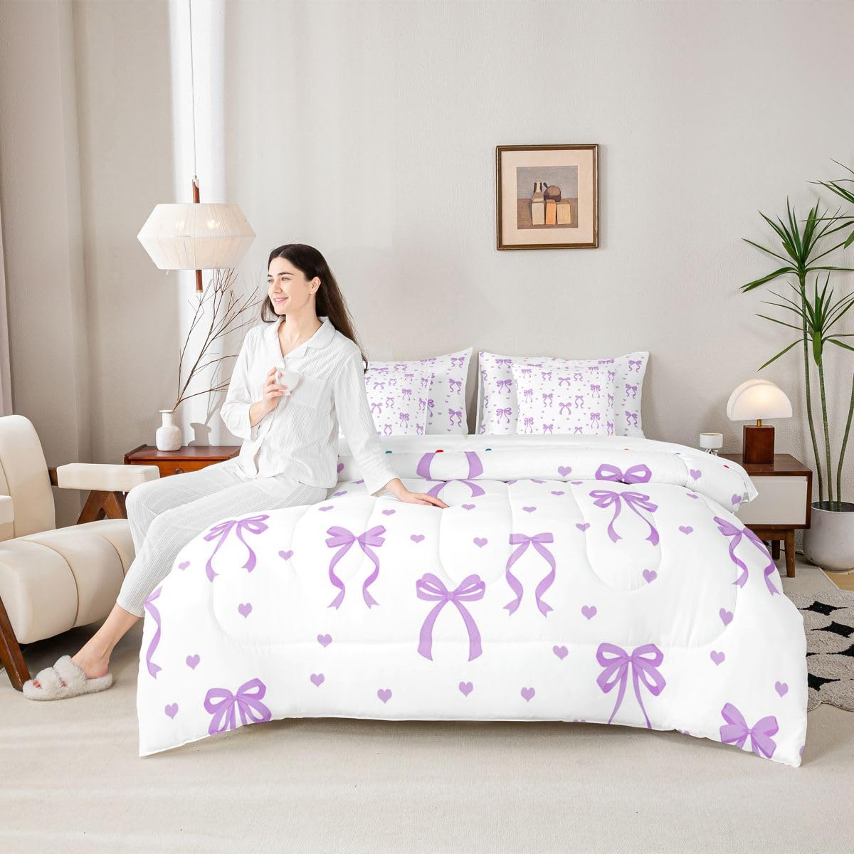 Erosebridal Bow Knot 7 Piece Bedding Set Full Size Bowtie Bed in A Bag Coquette Bowknot Comforter with Sheets Fantasy Bed Sets