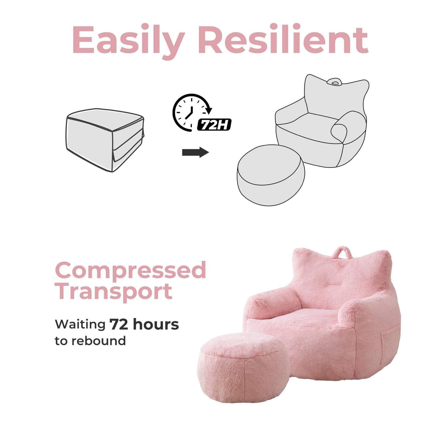Giant Bean Bag Chair for Adults with Ottoman, Oversized Bean Bag with Filling Plush Fluffy,BeanBag Lazy Sofa Couch with Armrest for Living Room, Stuffed Floor Sofa with Sidepocket for Bedroom, Pink