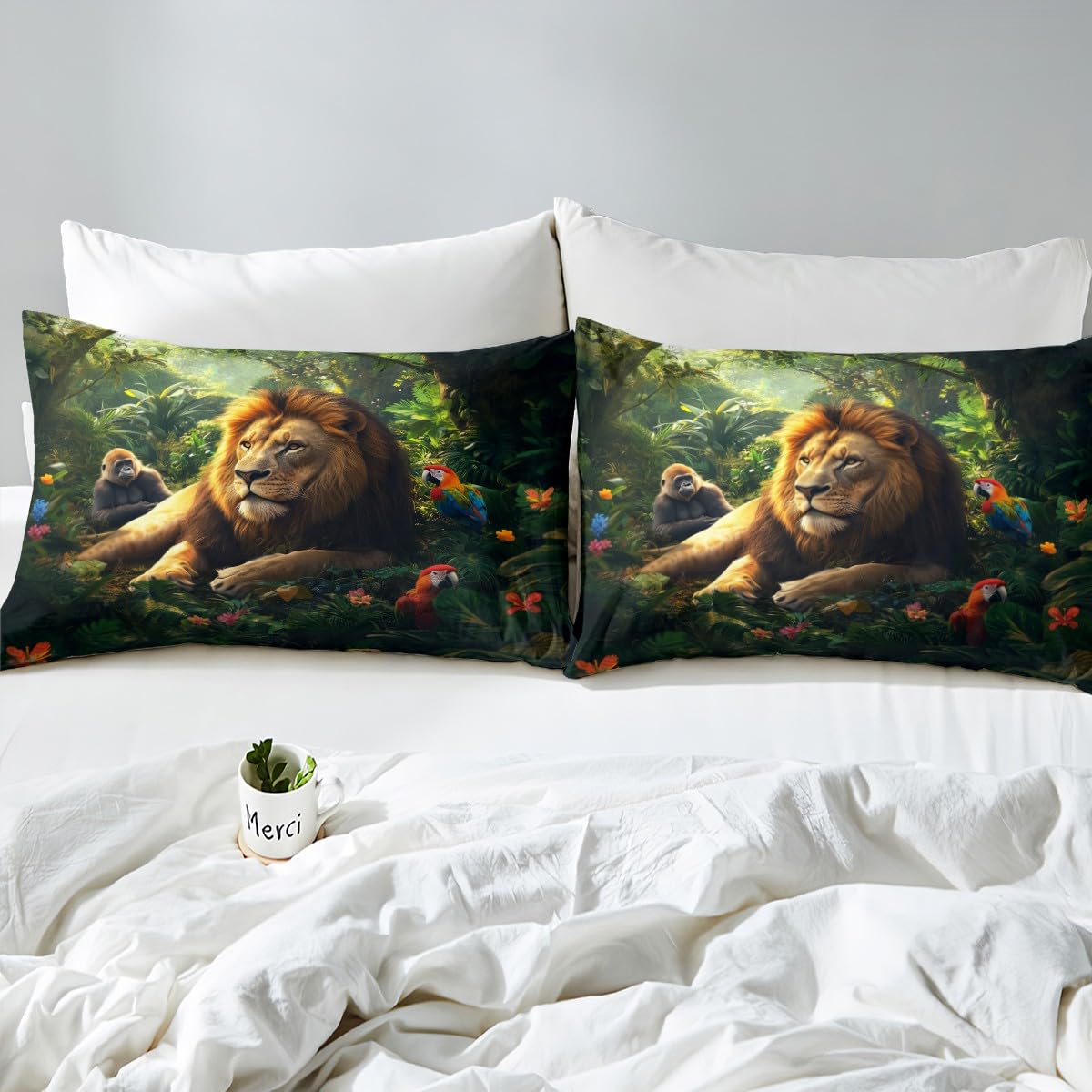 3D Lion Bedding Sets Full Size,Gorilla Parrot Bed Sheets 4Pcs,Tropical Jungle Trees Floral Fitted Sheet for Kids Boys Girls Adult Room Decor,Nature Wild Animals Top Flat Sheet,2 Pillowcases