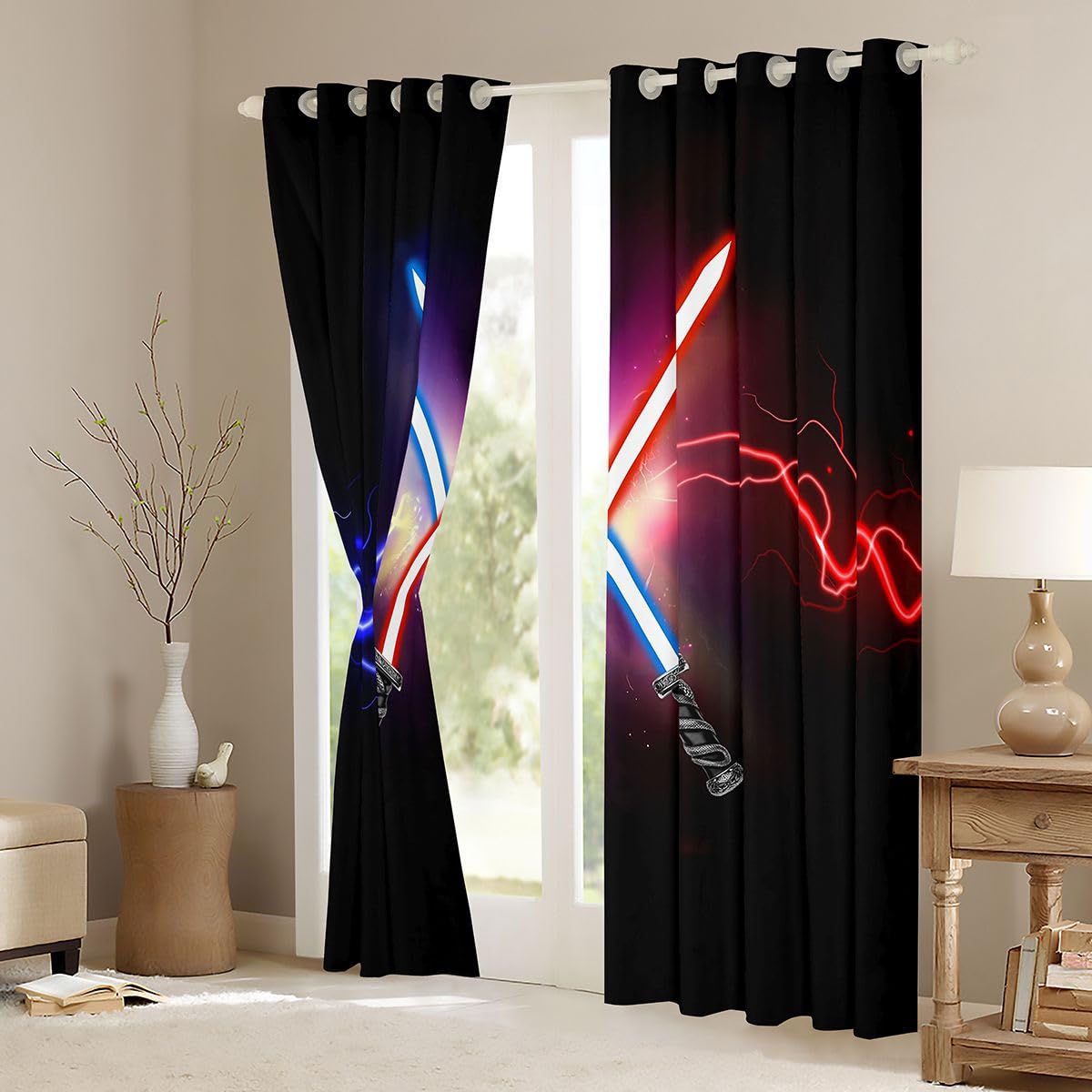 Castle Fairy Lightsaber Window Drapes,Blue Red Neon Lightning Sparkling Home Decor Curtains,Boys Games Starry Galaxy Black Durable Blackout Curtains for Kids Gifts,2 Panels, 38Wx54L inch