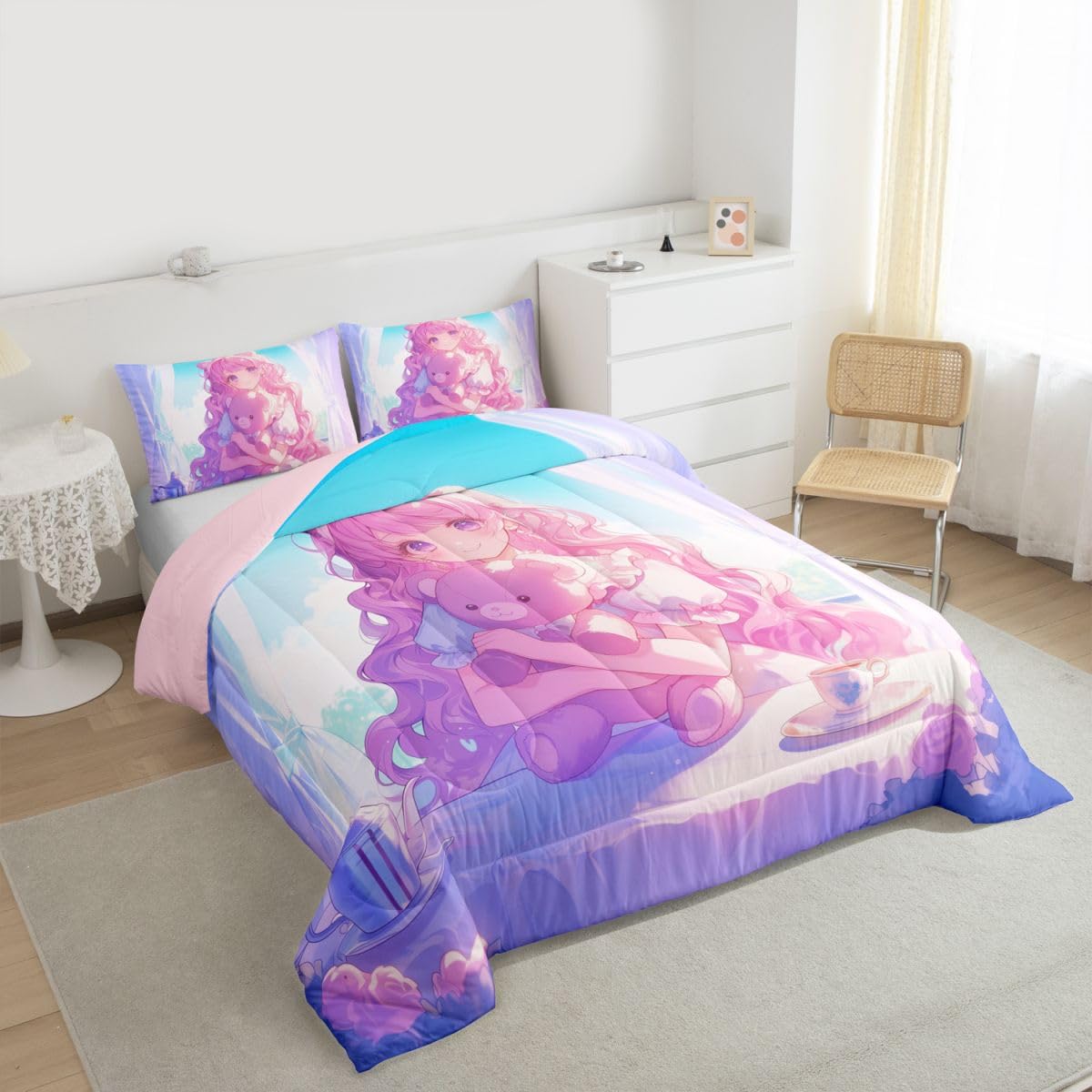 Erosebridal 3D Anime Girl Comforter Set Full, Japanese Girl Romance Love Bedding Cartoon Anime Gifts Bedding Comforter Sets, Rabbit Lovers Gifts - 1 Comforter 2 Pillow Cases