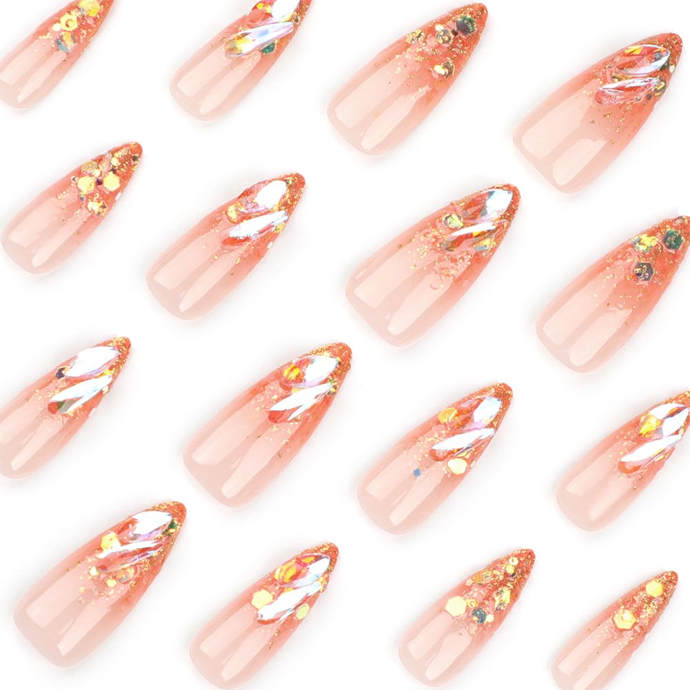 Hrnsnails Nail Press ons, Almond Press On Nails Medium Length Girls Fake Nails with Gold Glitter French Tip Aurora Diamond Design, Acrylic Artificial False Nails Press On Stick On Nails for Women