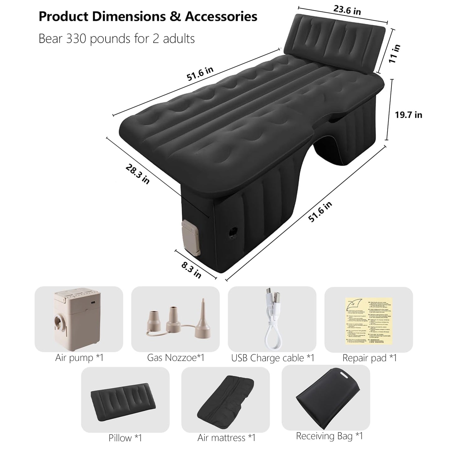 BEBAS Car Air Mattress - Truck Back Seat Bed & SUV Sleeping Pad, One-Piece Thickened Self-Inflating Travel Airbed, with Wireless Air Pump & Pillow | Black