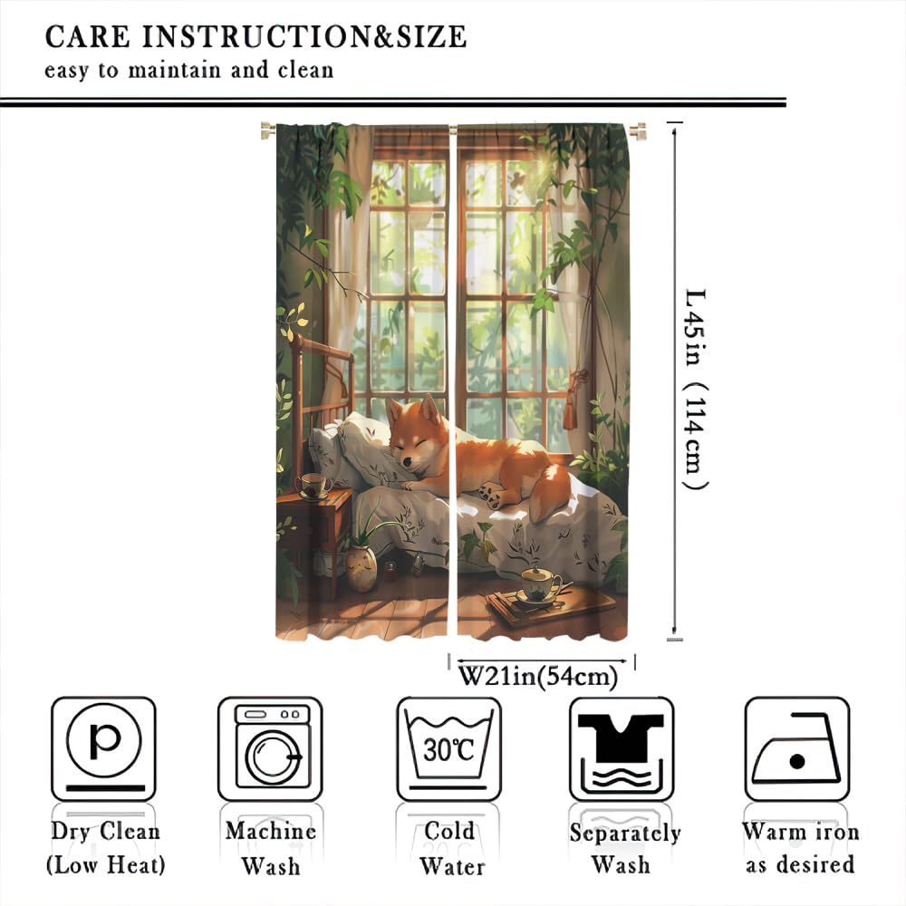 SOPIYRIO Cartoon Cute Dog Blackout Window Curtains Farmhouse Sleeping Animal Leaf Rod Pocket Curtains for Bedroom Thermal Insulating Drapes for Living Room 2 Panels 21 W x 45 L inch