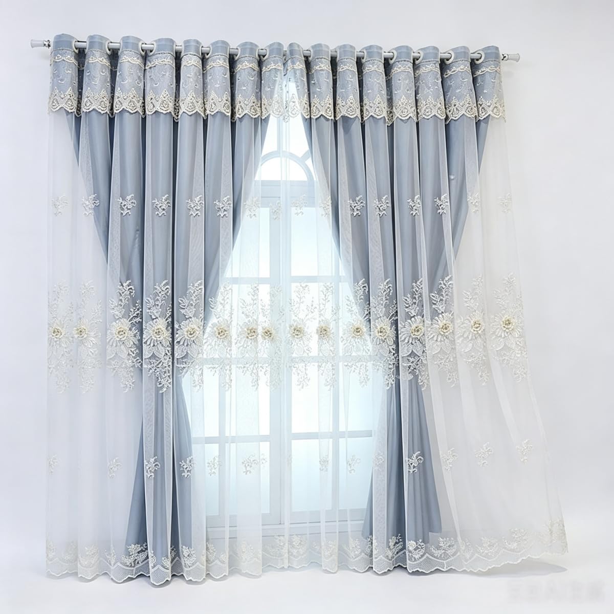 Amidoudou 1 Pair Luxury European Curtains with Valance for Living Room Bedroom Double Layer Embroidered Blackout Curtains (Dark Blue,51x96 Inch)