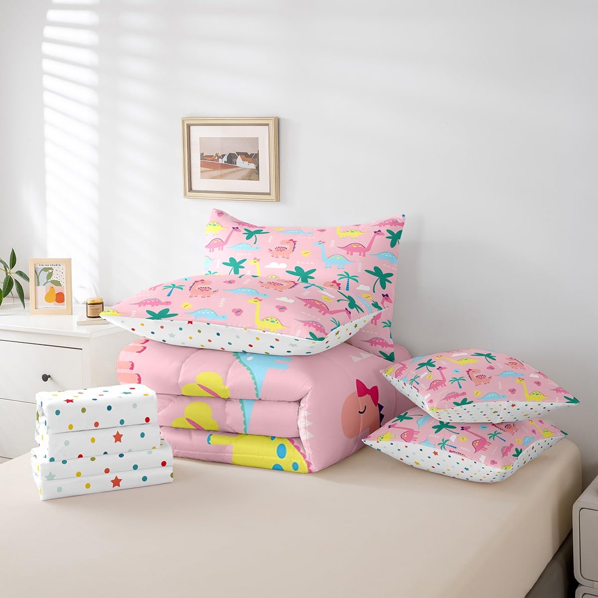 Erosebridal Pink Dinosaur Twin Size Comforter Set with Sheets | Kawaii Palm Leaves Botanical Eucalyptus 7-Piece Bedding Set Jungle Safari Cute Animals Bed in a Bag Colorful Butterfly Bed Quilt Sets