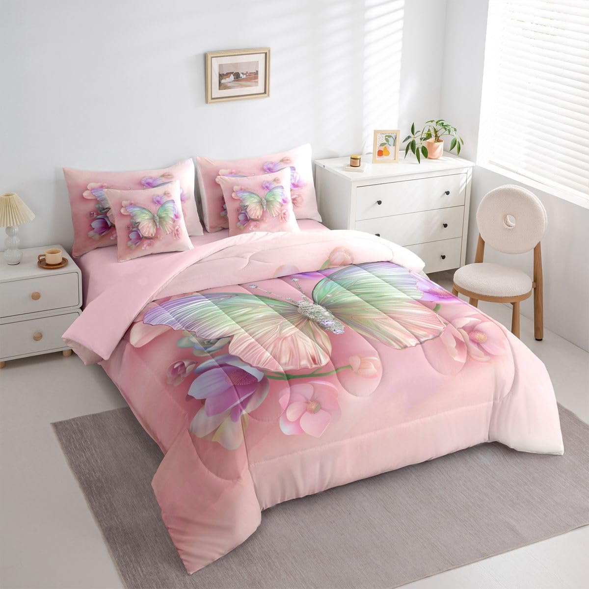 Erosebridal Watercolor Butterfly 7 Piece Bedding Set Twin Dreamy Flower Comforter Set with Sheets Pink Purple Ombre Bed in a Bag Rainbow Colorful Butterflies Bed Sets Comforter