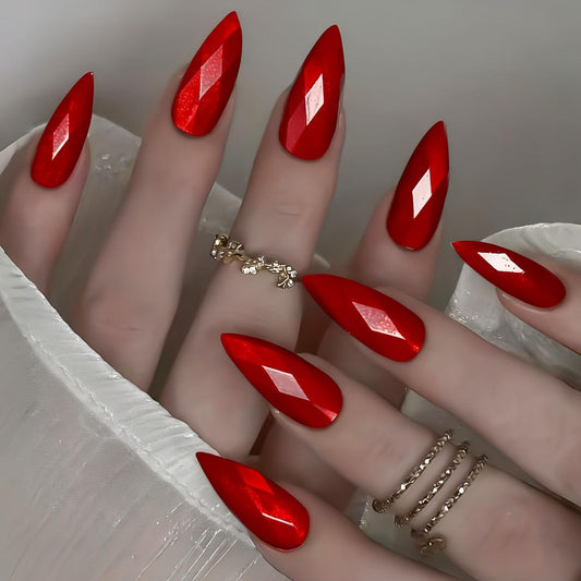 RUOKEXIN Almond Press on Nails Medium Length Fake Nails Red Chrome False Nails with 3D Rhombus Designs Full Cover Nail Press ons Sparkly Artificial Nails for Women 24Pcs