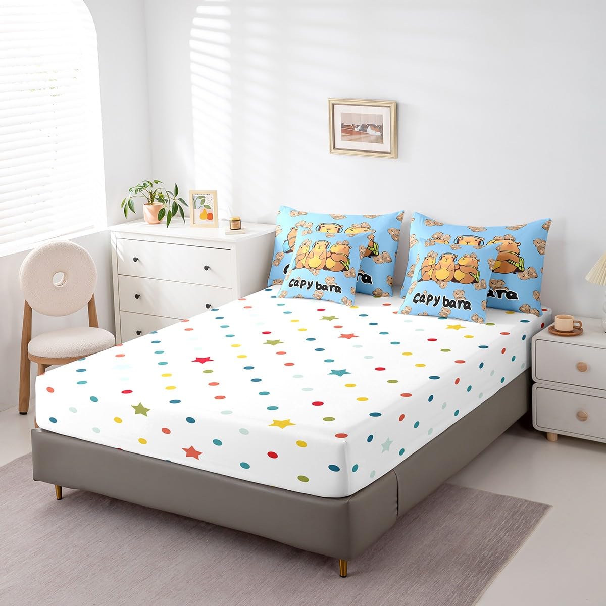 Kawaii Capybara Comforter Set 7 Piece Bed in a Bag Twin, Cartoon Rodents Bedding Sets Cute Beaver Wild Animals Pattern Comforter and Sheet Set, Wild Safari Natural Theme Wildlife Print Bed Set, Blue