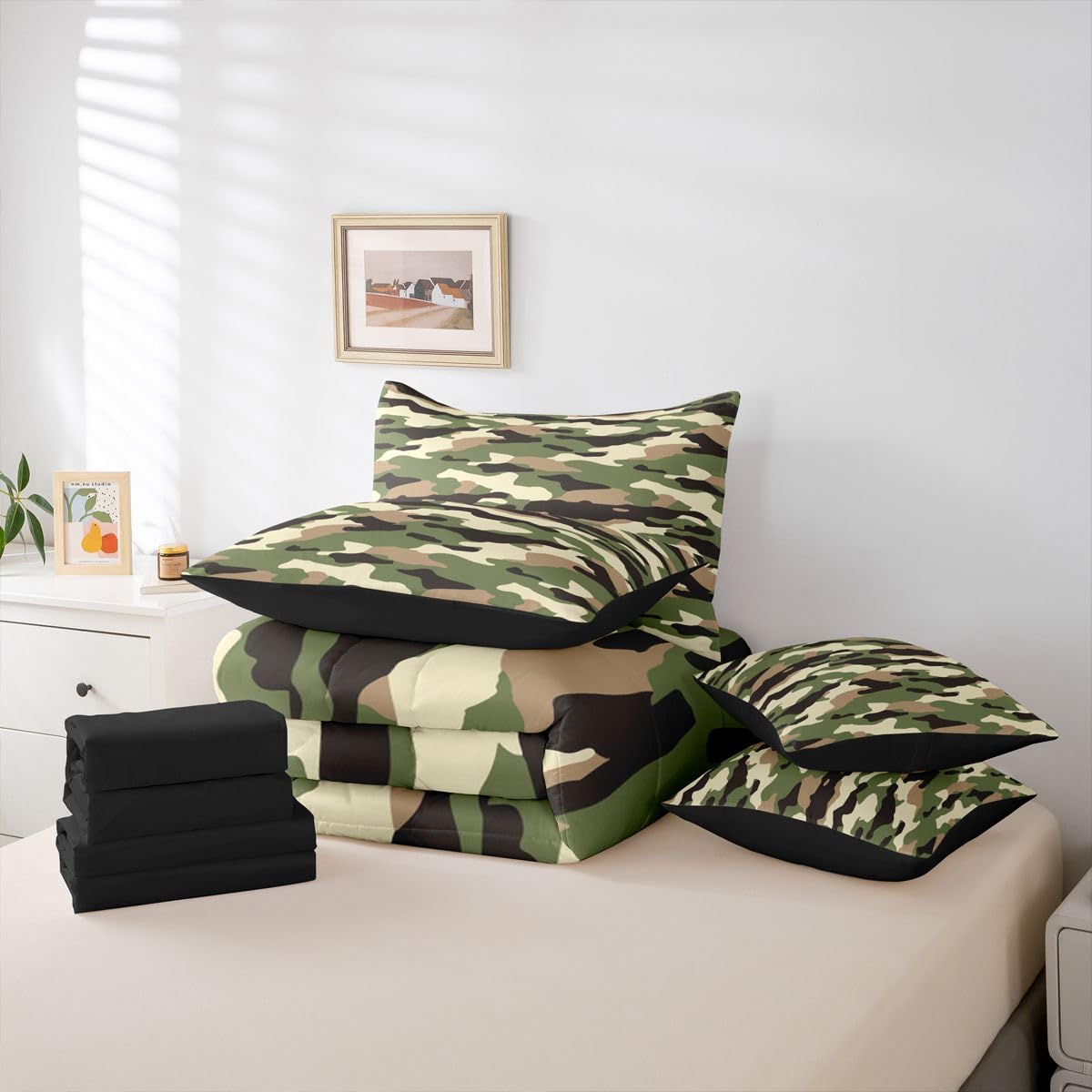 Feelyou Camouflage Comforter Set with Sheets 7 Piece Queen Size Camo Bedding Set for Kids Boys Girls Military Style Bed in a Bag Army Room Decor Soft Microfiber